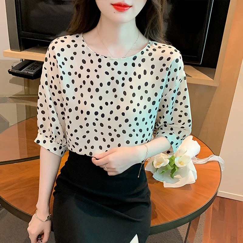 桑蚕丝套头衬衫上衣波点夏季圆领短袖豹纹波点衬衫显瘦时尚小香风