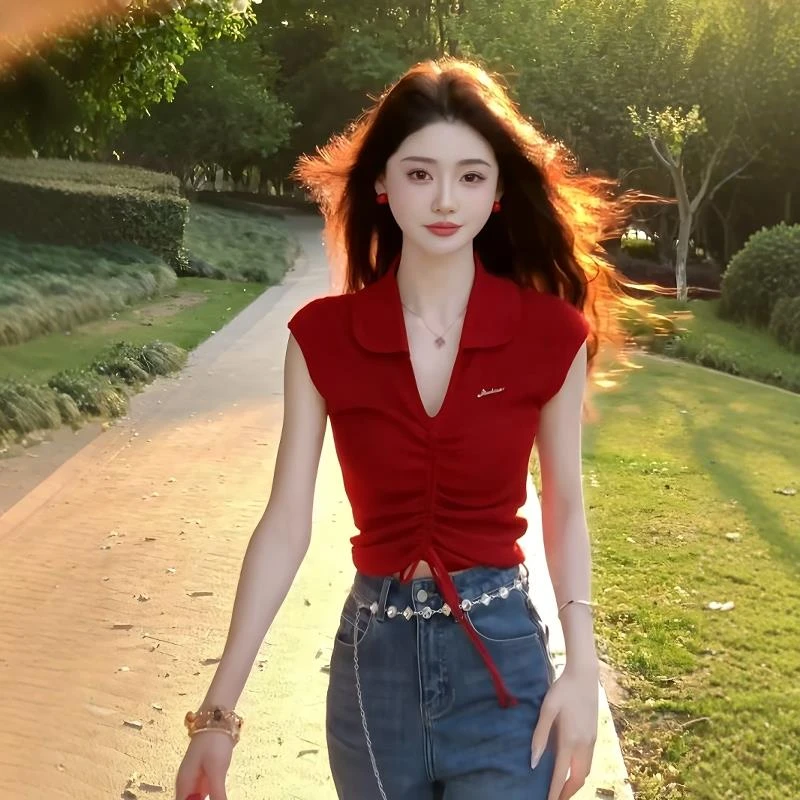 韩系复古辣妹红色抽绳V领短袖针织T恤女夏季新款时尚气质修身上衣