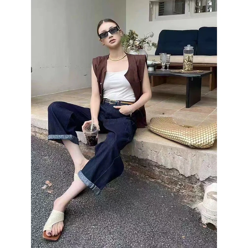 【小弟】夏季韩版印花显瘦时尚百搭休闲潮款牛仔阔腿裤KZ023#