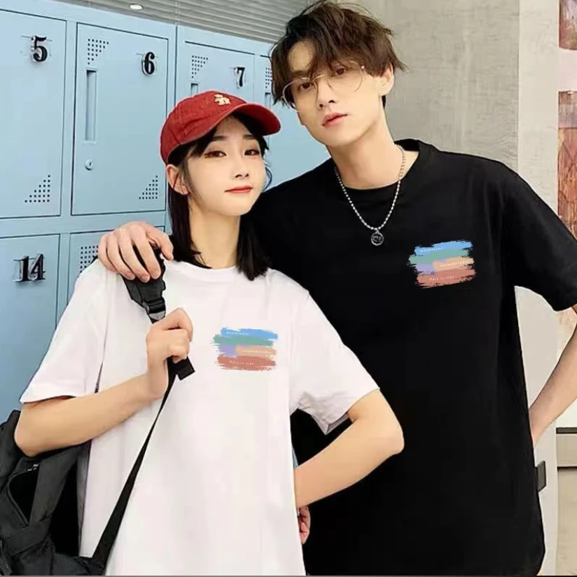 五彩缤纷100%纯棉简约印花短袖夏季男女亲子款情侣T恤透气百搭