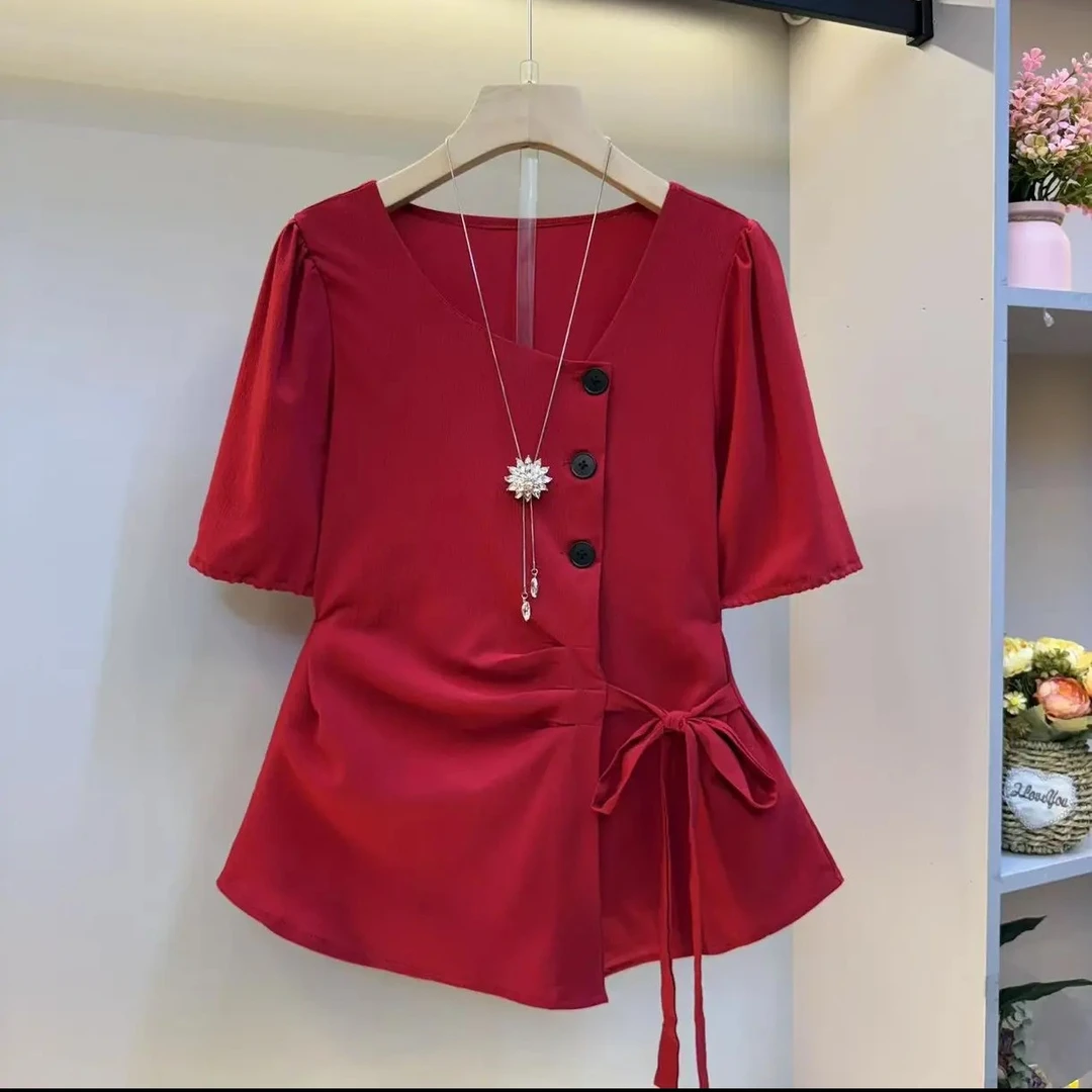 夏季大码不规则绑带收腰衬衫女2025新款小众显瘦法式绝美小上衣