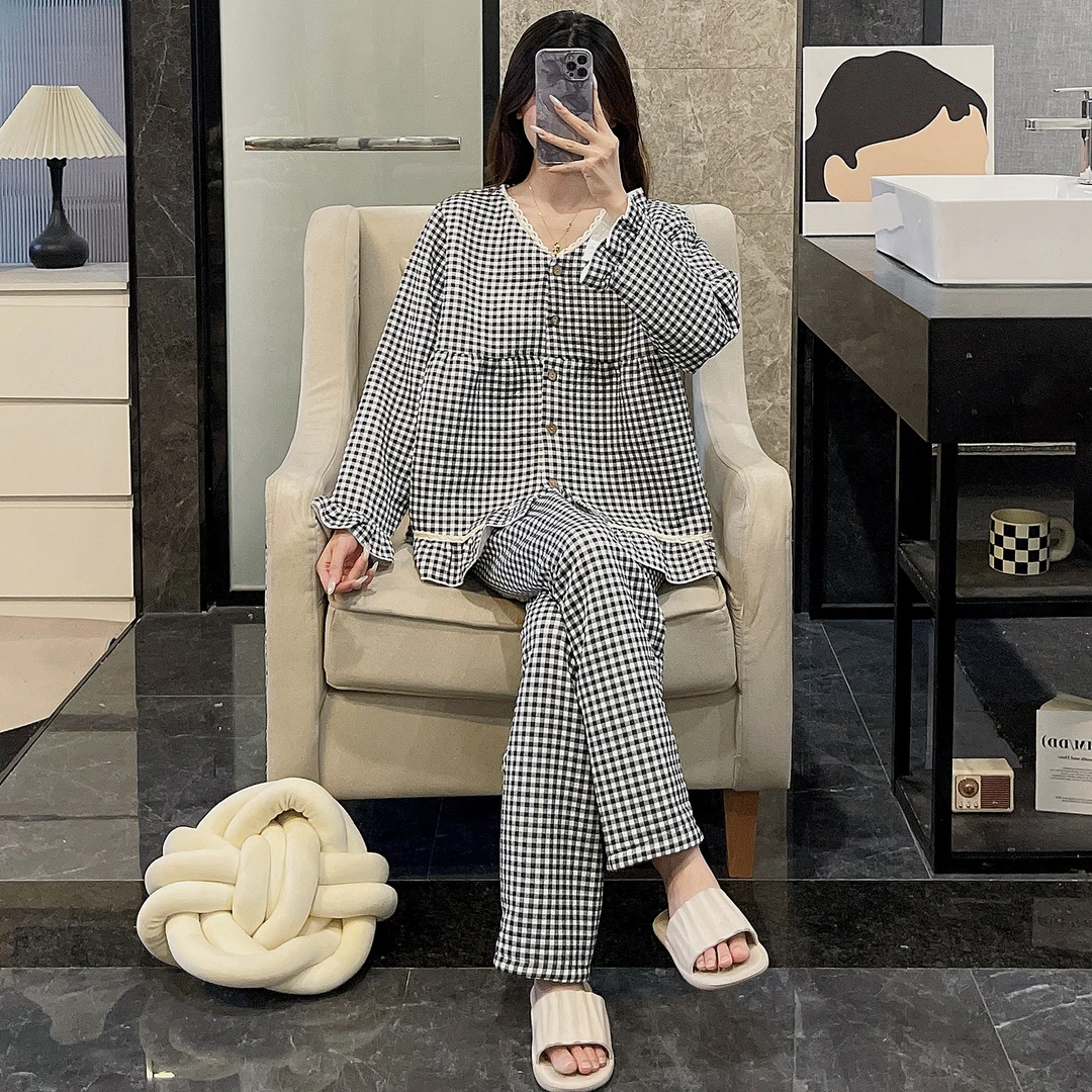 睡衣女秋冬季大码2025新款夹层公主风格子套装可外穿家居服