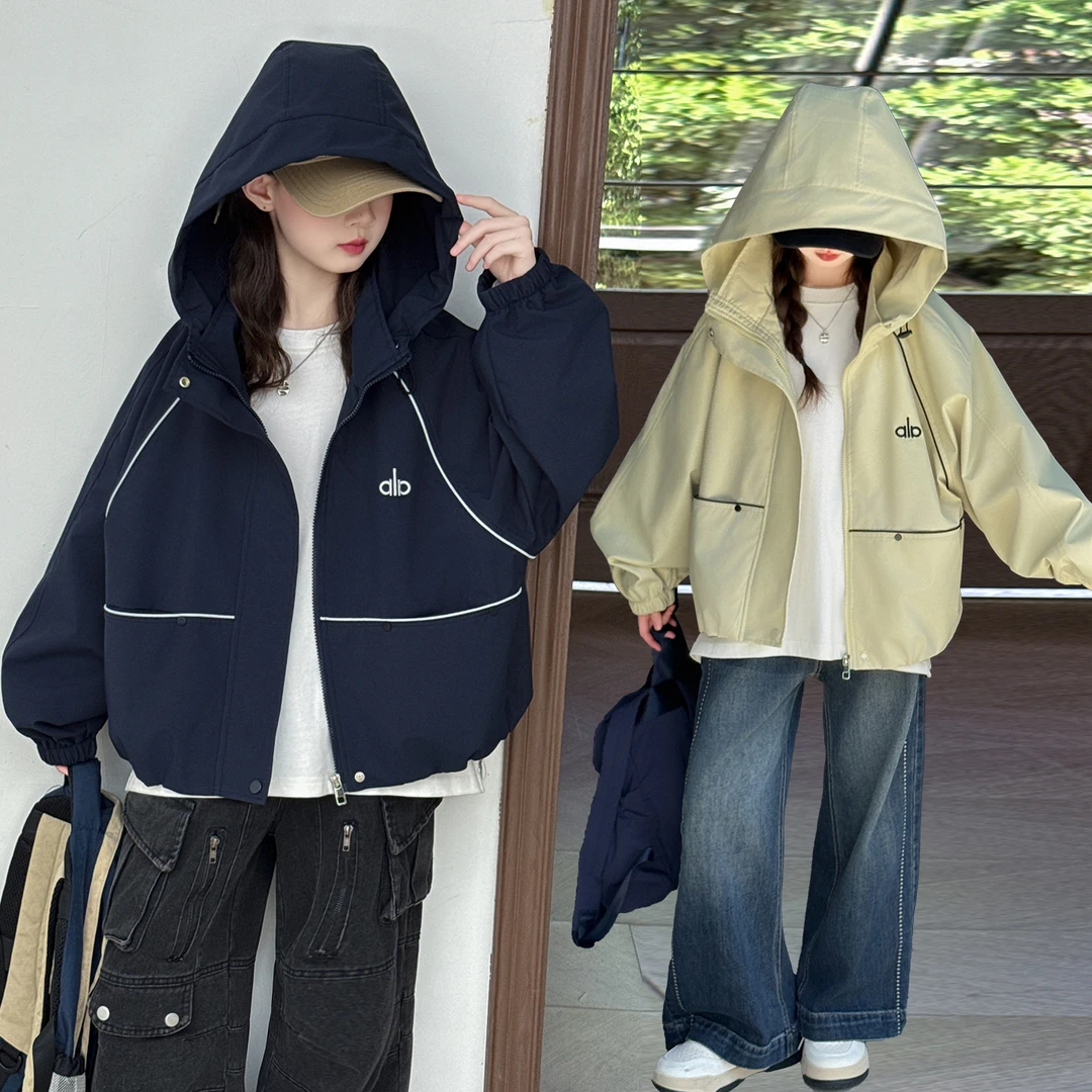女童秋季新款连帽外套韩版2025学生宽松6-12岁中大童休闲百搭美式