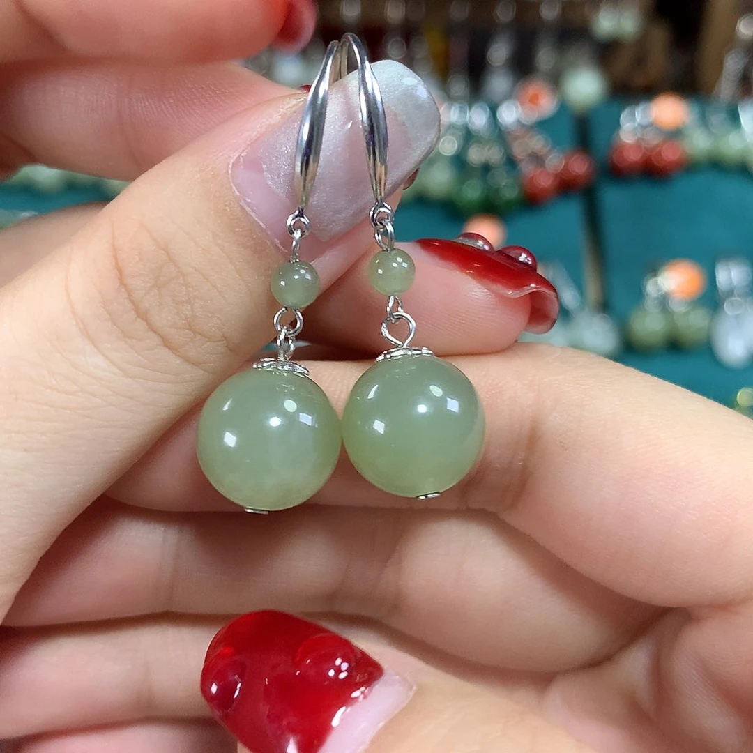 和田玉银S925镶嵌耳饰天然青海料卡12mm左右