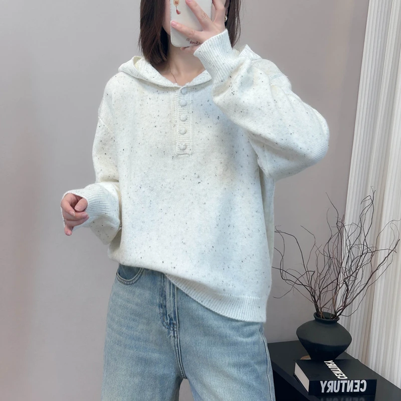 点子纱连帽勾花单排扣长袖针织衫秋冬季新款上衣宽松韩版百搭毛衣