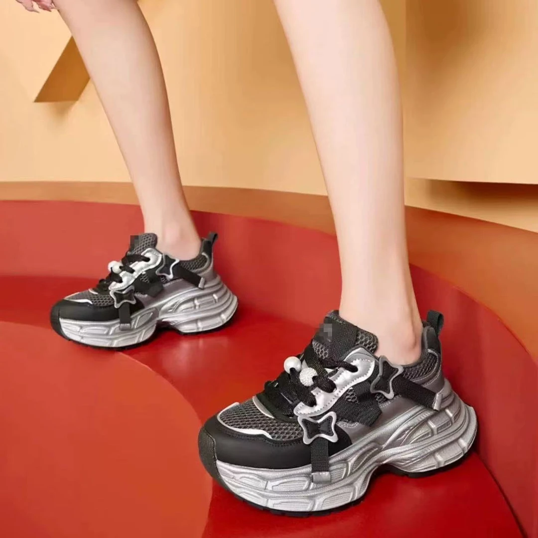 C2323 黑色  高端时尚厚底圆头系带女休闲老爹鞋