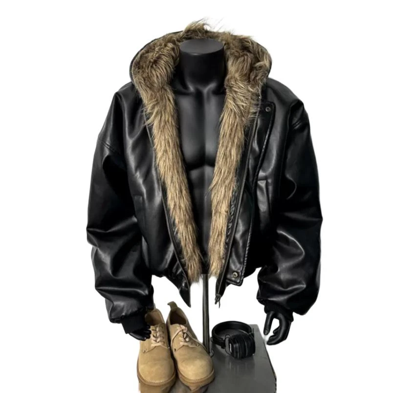 美式高级感夹克棉服男冬季加绒加厚双面穿皮毛一体外套男复古棉衣