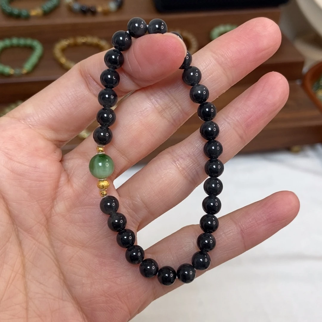 和田玉18K金镶嵌手链6mm青花墨玉