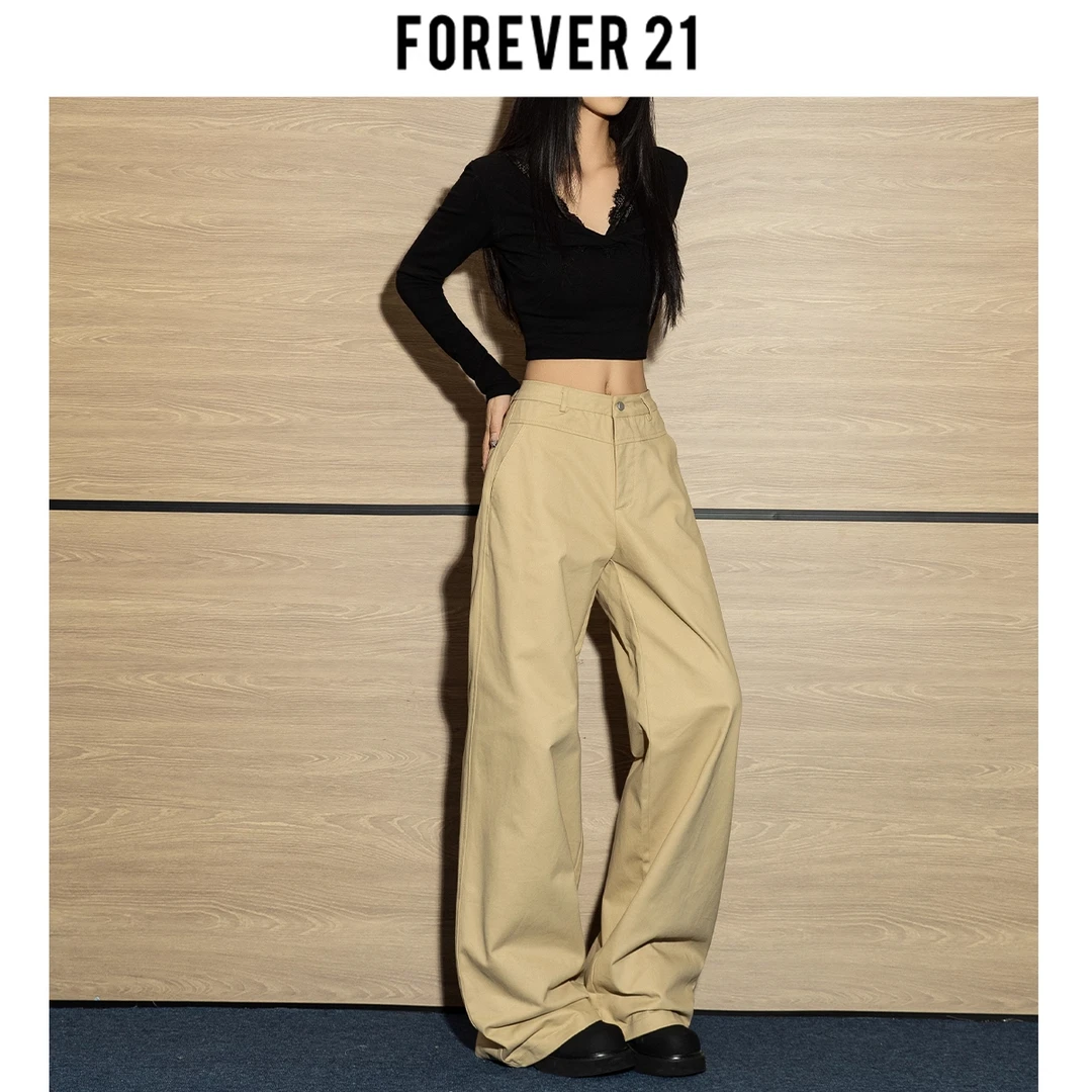 Forever 21雅痞老钱拉夫美学复古卡其色阔腿休闲裤宽松直筒裤女秋