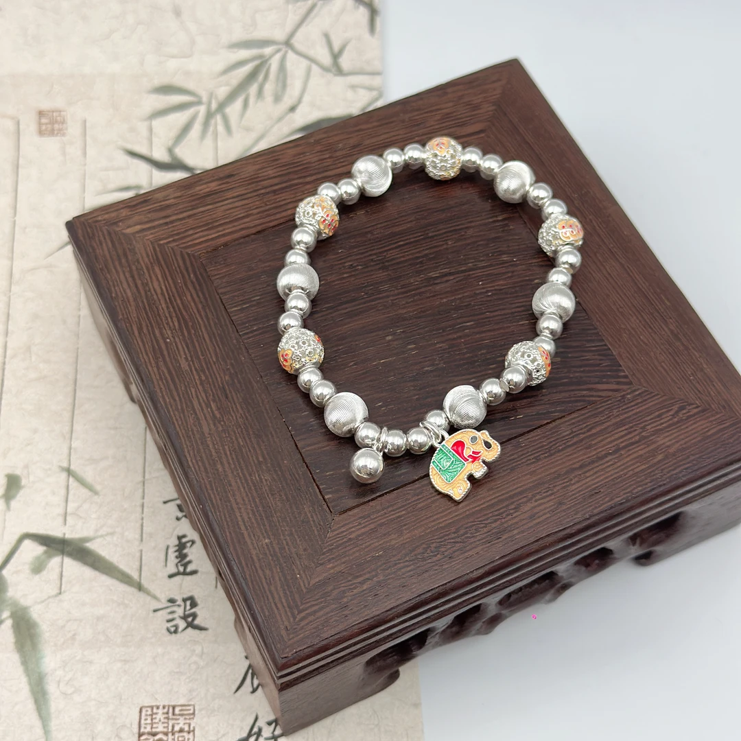 足银手链 B11银9999珐琅吉象猫眼手链新中式时尚百搭手串精致ins
