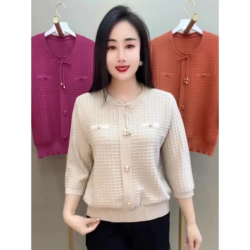春夏新款圆领系带蝴蝶结年轻妈妈针织冰丝上衣七分袖小格t恤衫女