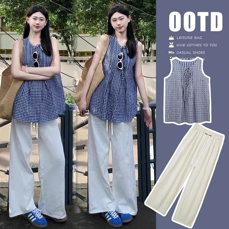 时髦孕妇夏季韩系复古蓝白格子宽松系带无袖上衣加白色托腹阔腿裤