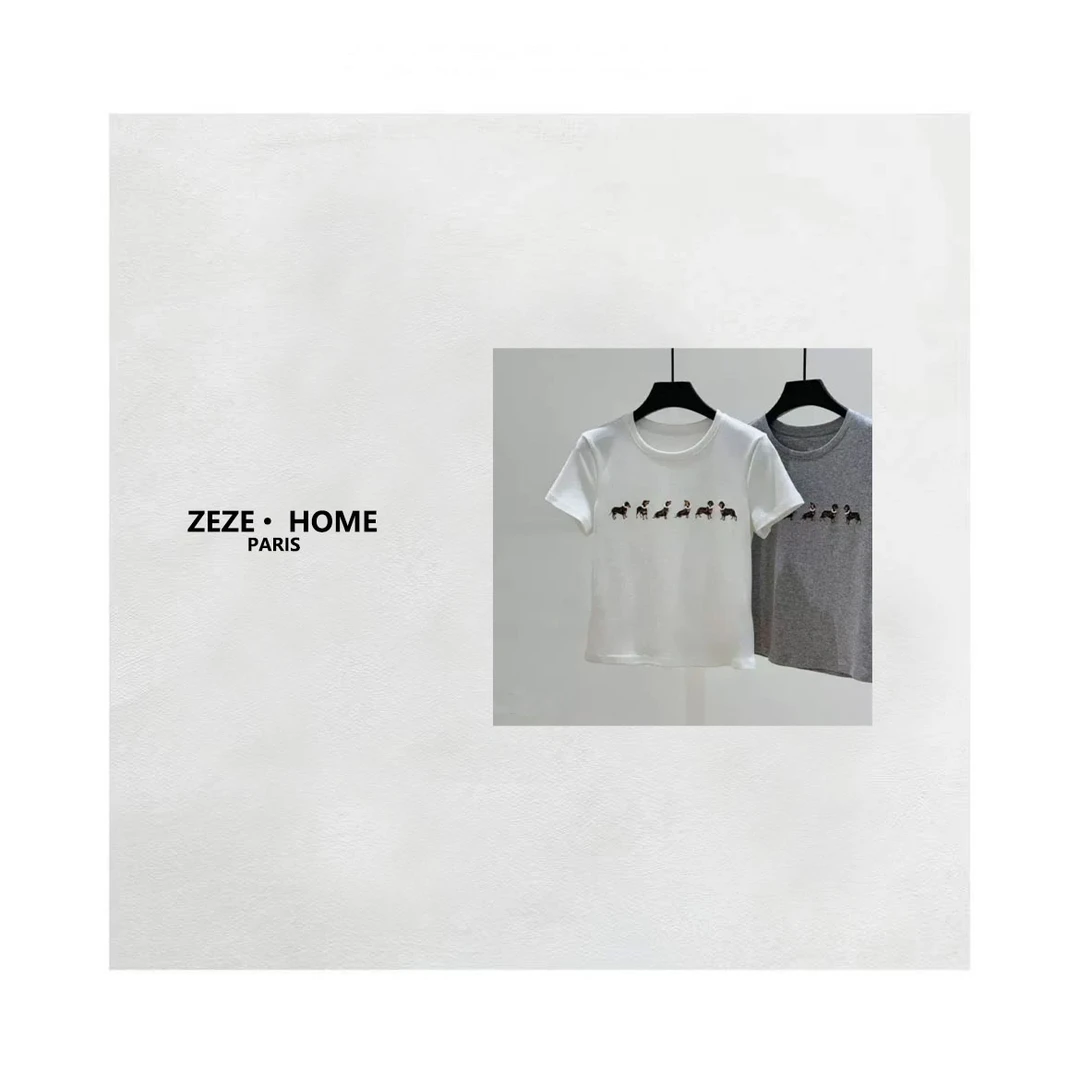 【多多专属】小众设计腊肠狗印花串珠休闲修身短袖T恤女夏2025新款