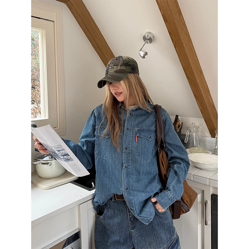 CCYE川川也美式复古水洗重磅牛仔衬衫男女宽松POLO内搭上衣外套