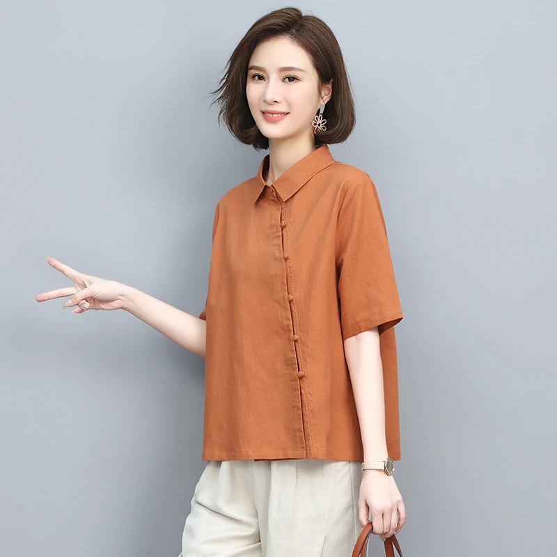 休闲时尚棉麻衬衫女2025夏新款宽松显瘦减龄中年妈妈洋气百搭衬衣