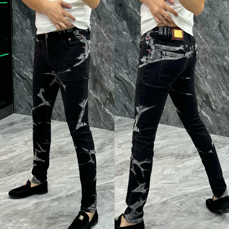 秋季新品男士欧货牛仔裤潮流个性撞色休闲直筒裤青年帅气显瘦长裤