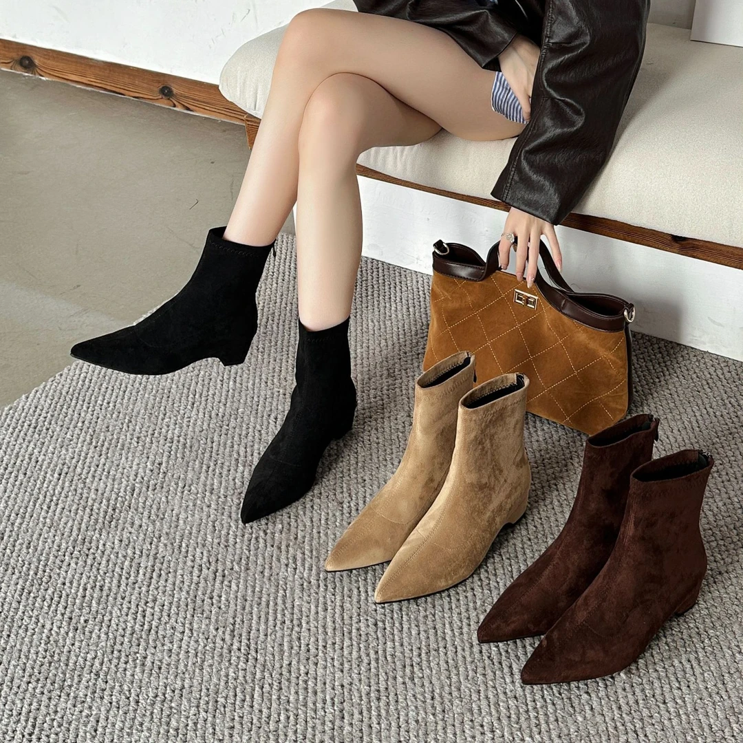 2025秋冬新款韩系简约磨砂绒面瘦瘦靴时尚百搭通勤加绒低跟短靴女