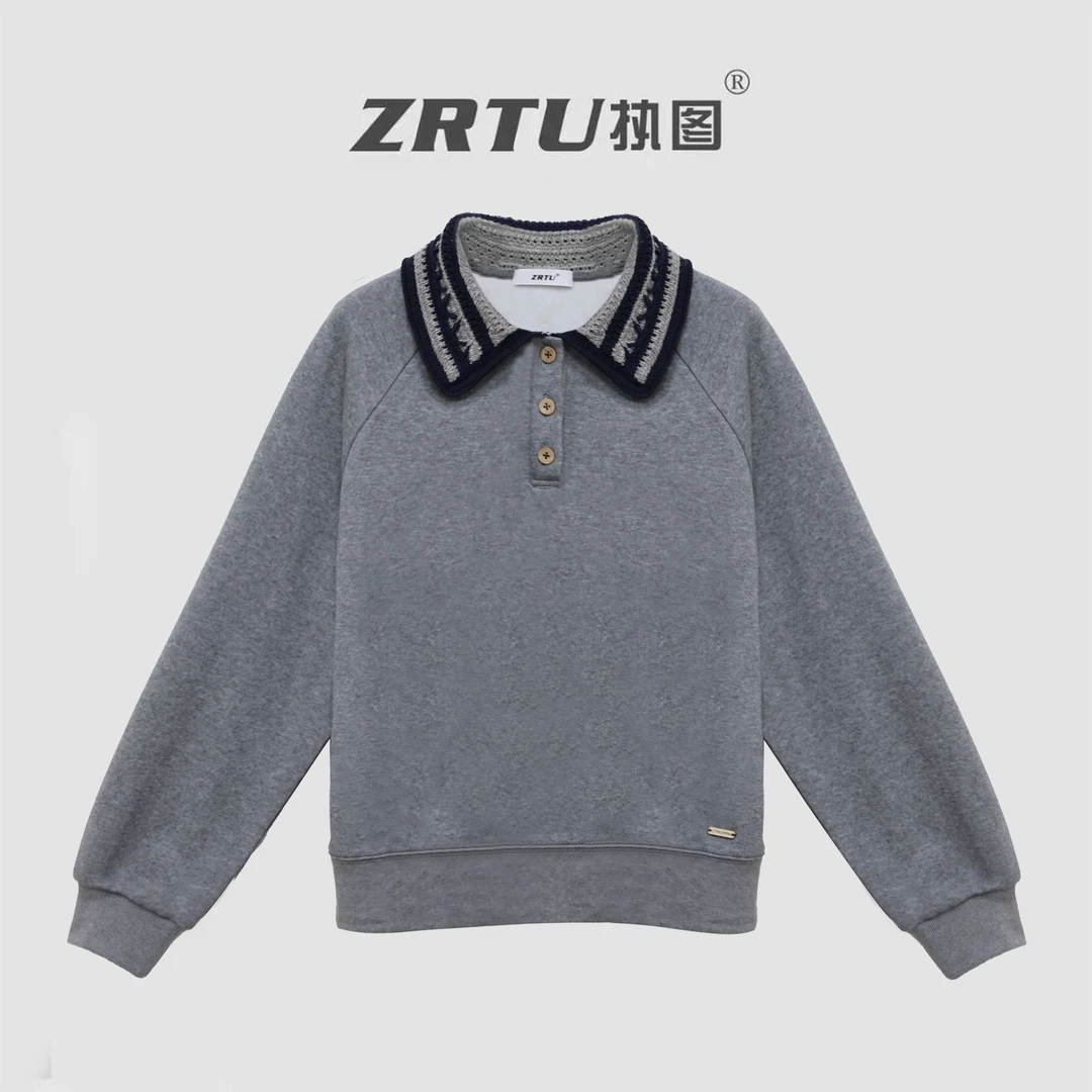 ZRTU/执图冬季针织拼接翻领加绒卫衣女复古纽扣设计宽松长袖上衣