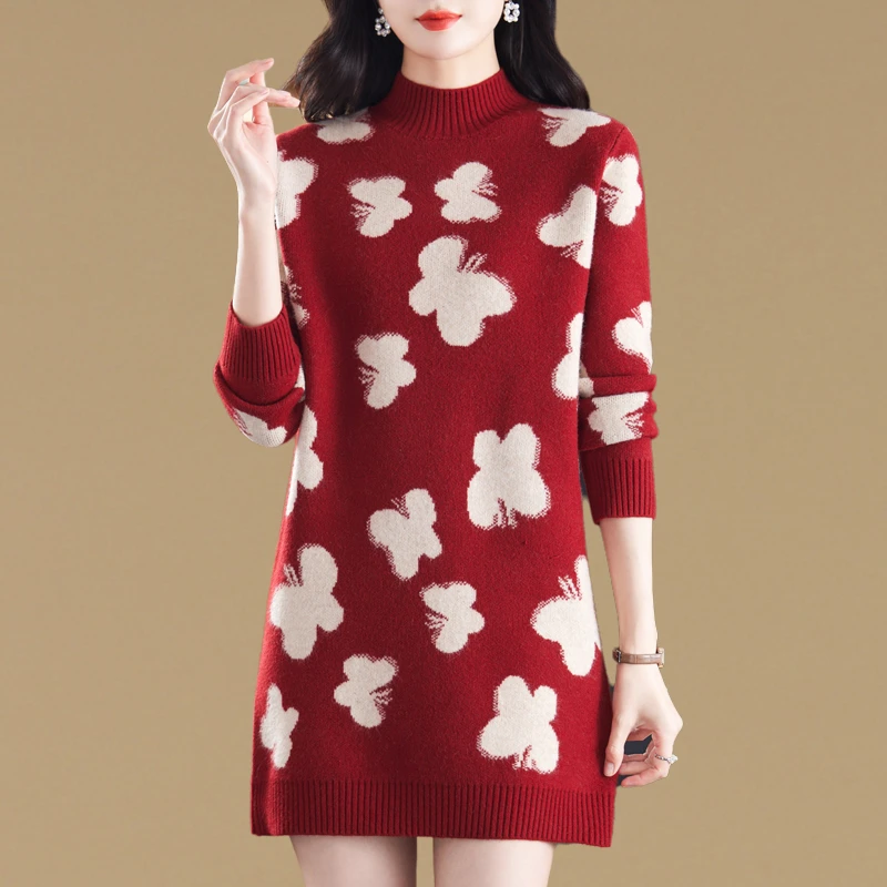 超好看时尚蝴蝶提花中长款毛衣裙女内搭秋冬宽松显瘦针织打底衫厚
