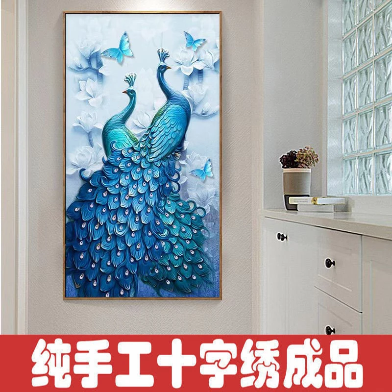 绣好的纯手工十字绣成品吉祥富贵蓝孔雀玄关走廊装饰画不带框D201
