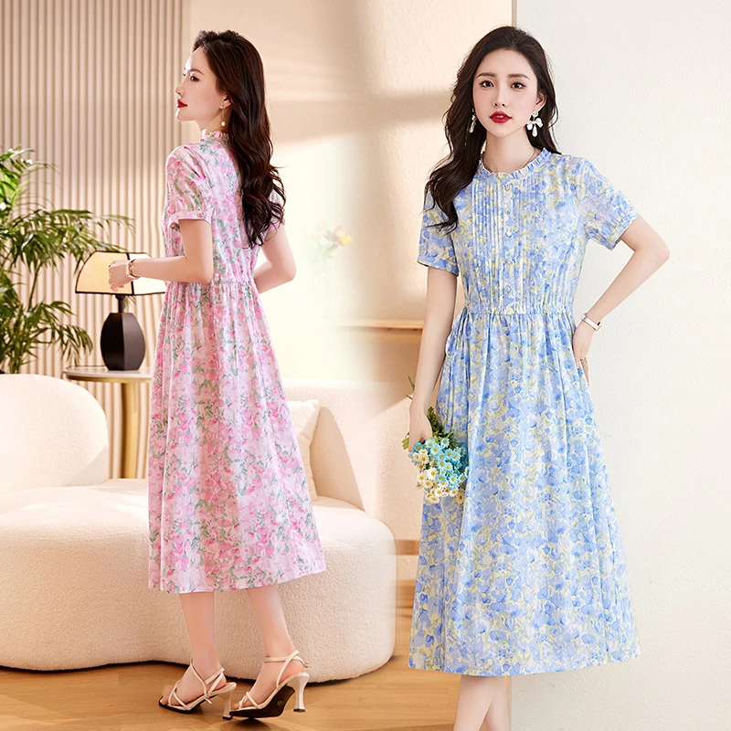 裙子女款爆款2025新款高级感棉麻连衣裙短袖小碎花裙微胖女生穿搭