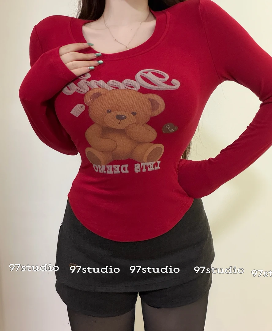 小熊印花磨毛拼接长袖卫衣女秋季2025新款休闲宽松显瘦中长款上衣