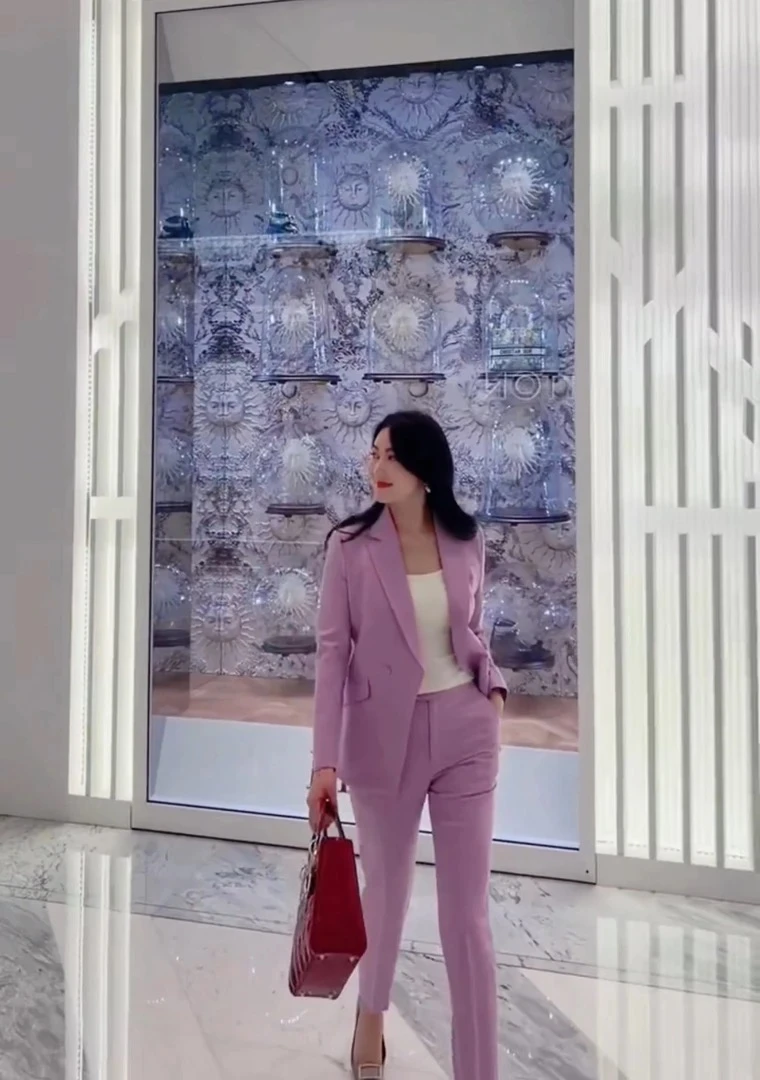 臻韩美2025气质香芋紫长袖九分裤套装时尚百搭修身设计师女士