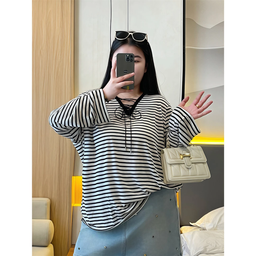 断码捡漏T大码女装花契200斤胖mm莱塞尔清爽条纹V领t恤衫15076