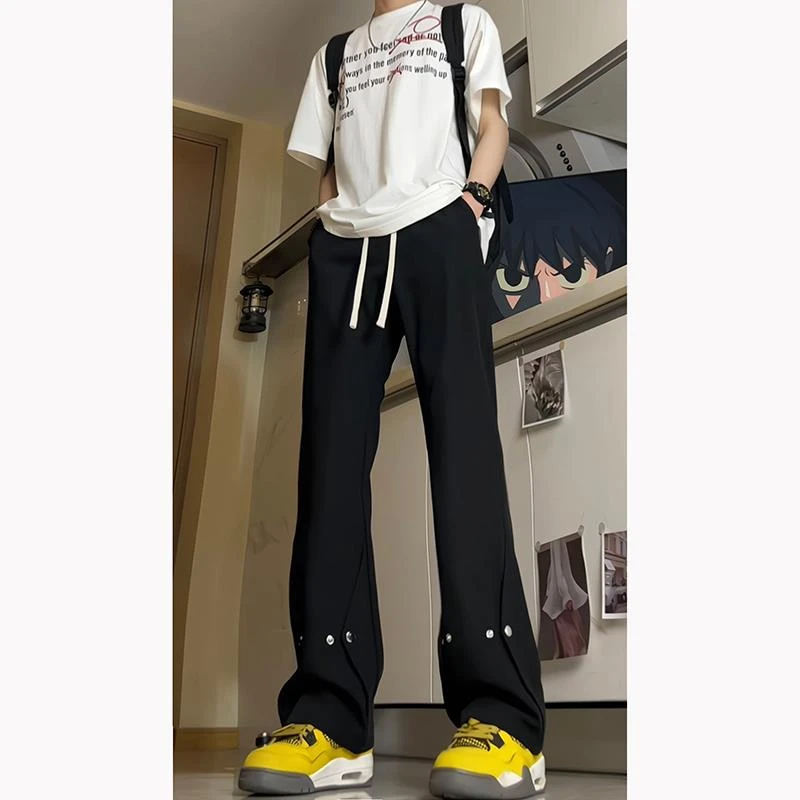 排扣黑色裤子男夏季薄款冰丝凉感直筒微喇高级感休闲西裤