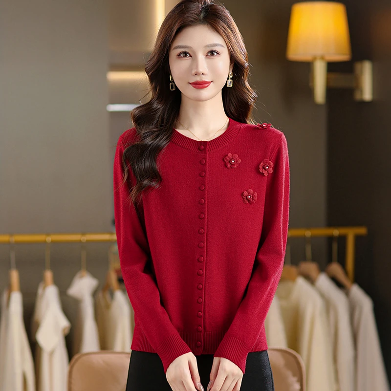 品牌纯色春秋新款长袖针织衫开衫女装秋冬洋气圆领花朵百搭外套