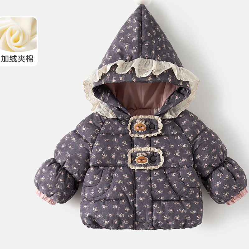 女宝宝冬季新款加绒加棉森系时尚洋气碎花棉服蕾丝外套潮流