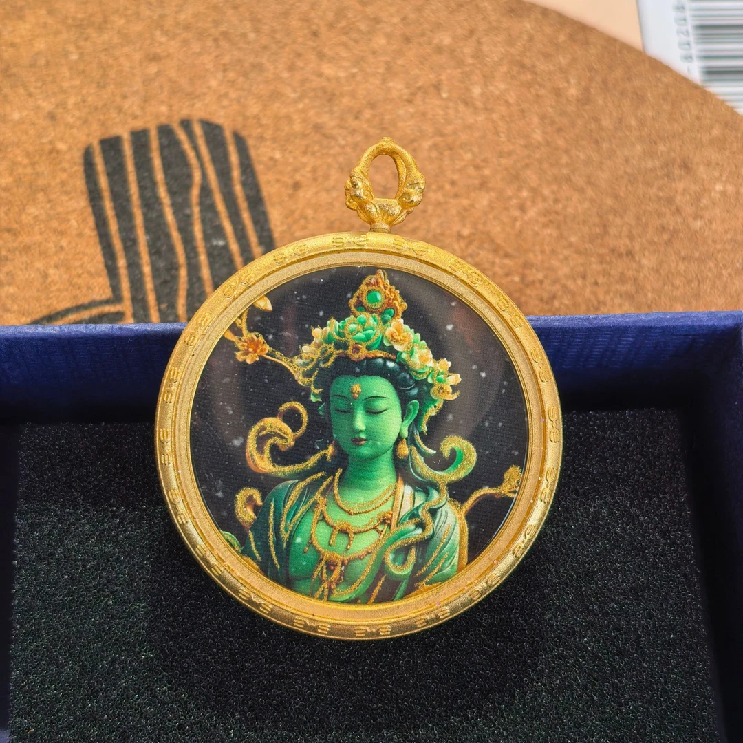 绿度母彩画 手修彩绘描金 大智慧唐卡 吊坠 41*6.1mm