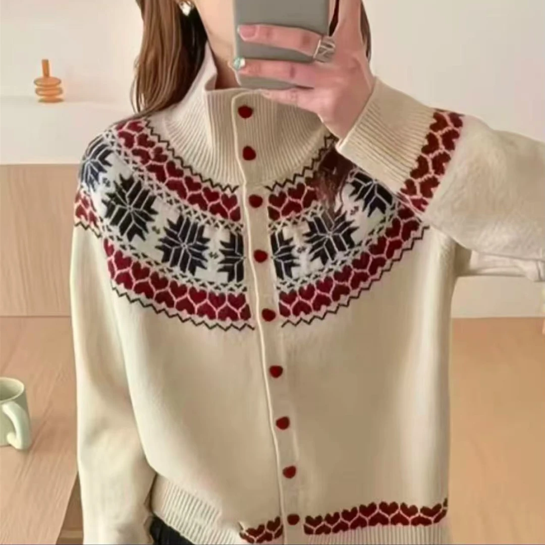 费尔岛复古提花半高领韩系开衫外套气质减龄针织衫女 1290