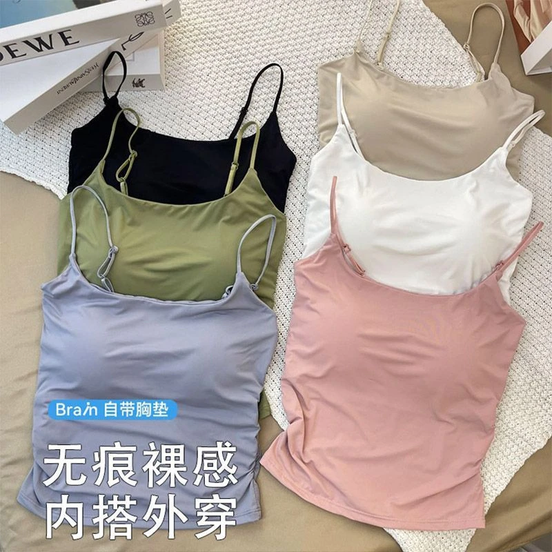 冰丝纯色简约风时尚吊带背心带胸垫女装辣妹上衣修身背心