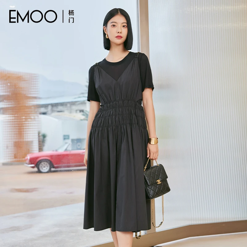 EMOO/杨门夏天连衣裙优雅气质夏季纯色高腰圆领中长裙E24L023089