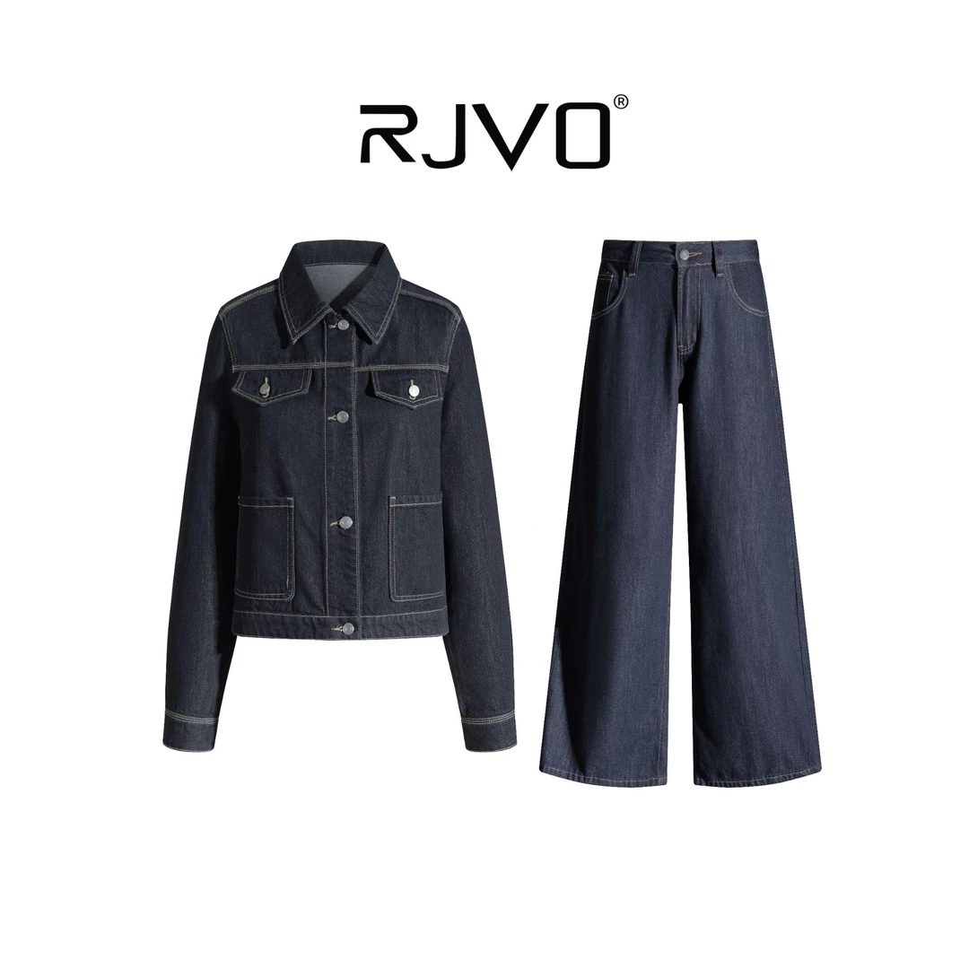 RJVO新款黑金色短款外套复古宽松百搭休闲阔腿裤时尚牛仔套装