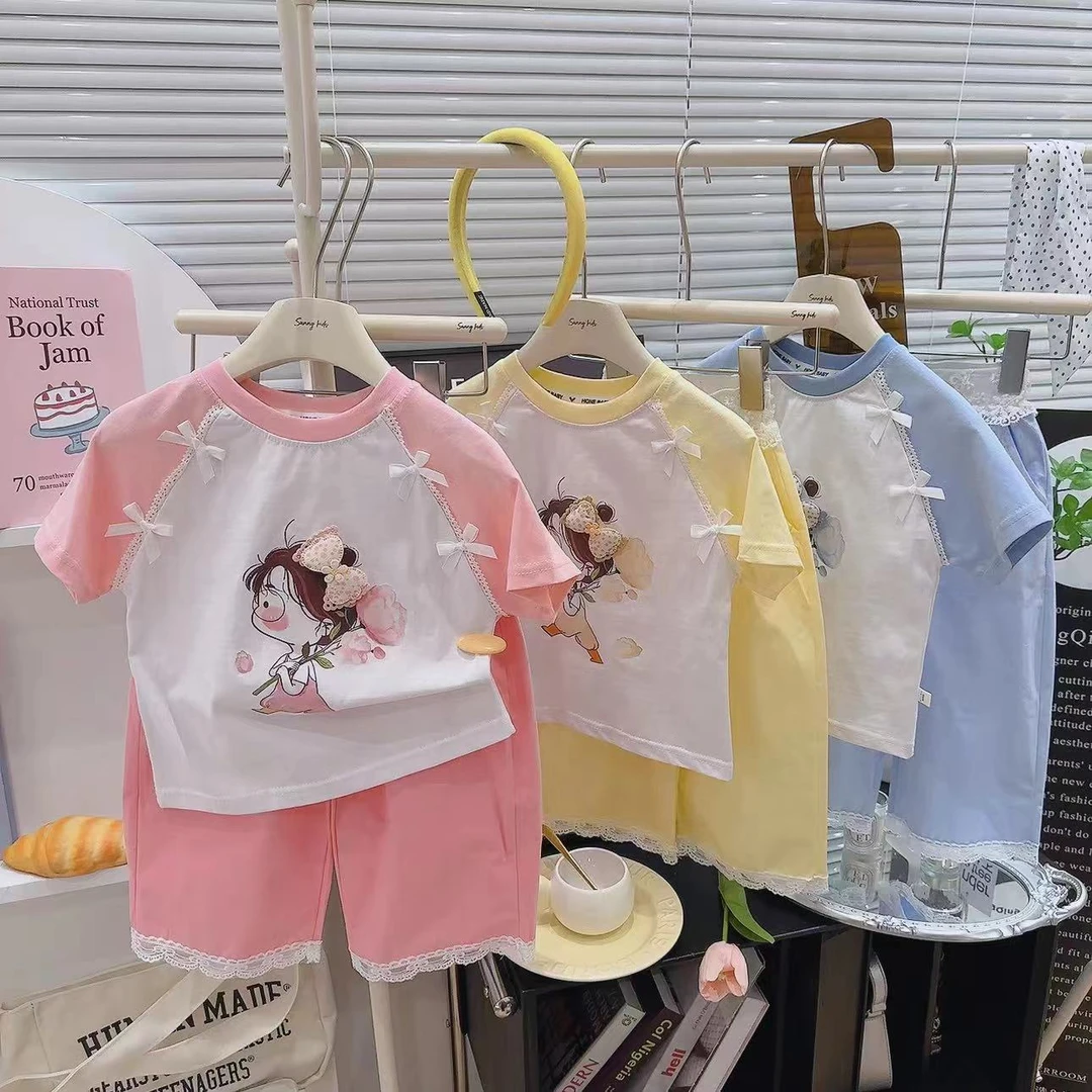 儿童新款夏季薄款可爱休闲韩版印花女童纯棉圆领蝴蝶结T恤短袖