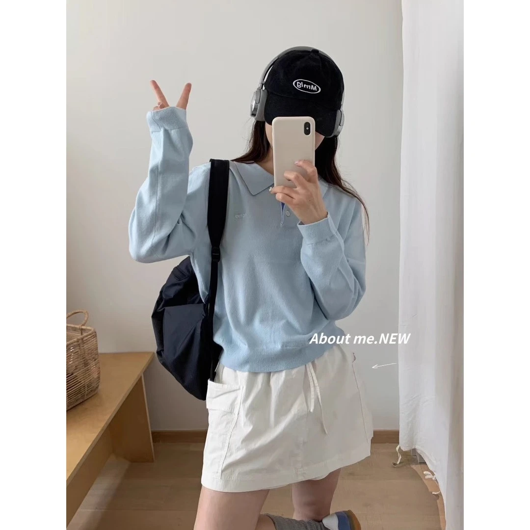 时尚刺绣字母半开polo领柔软细羊毛针织衫女2025秋显瘦百搭上衣潮