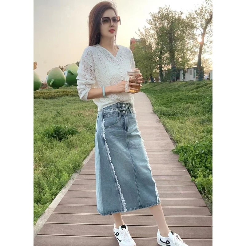 【齐姐专属】春季新款时尚休闲直筒显瘦蕾丝百搭牛仔裙LK2501701