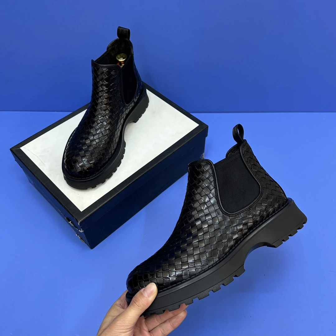 男士冬季加绒马丁靴短靴秋冬编织时尚百搭黑色潮流低跟男鞋靴子