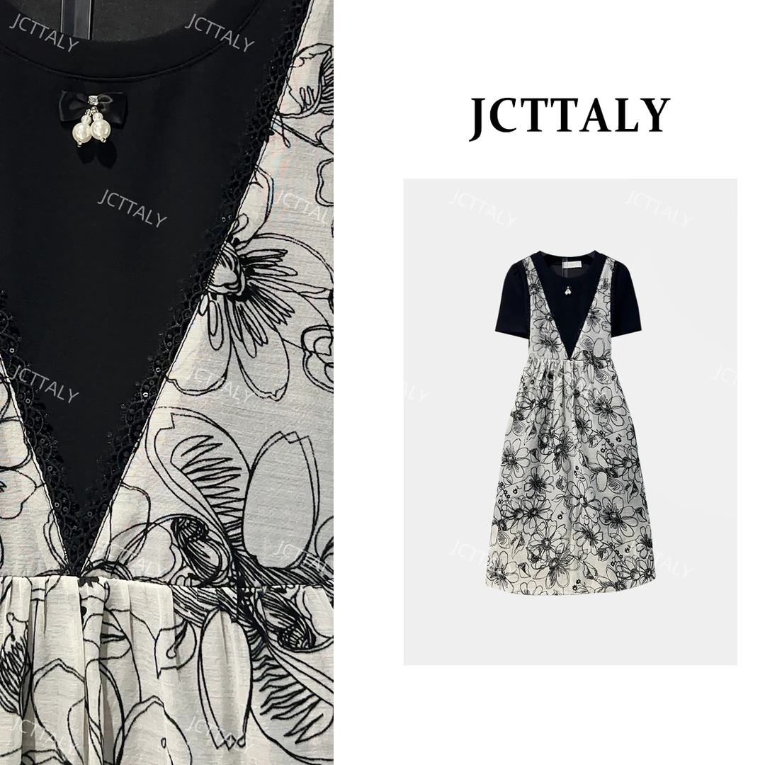 【CC】2025夏季新款黑色刺绣碎花拼接宽松显瘦连衣裙 JC-A3463