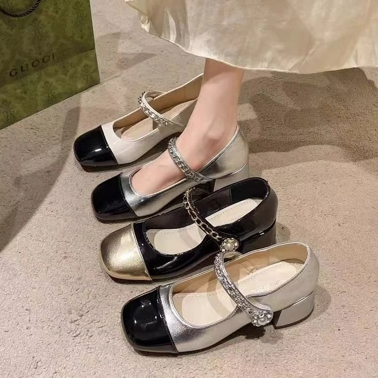 2025秋季新款小香风一脚蹬百搭方头单鞋一字带玛丽珍女鞋低跟粗跟