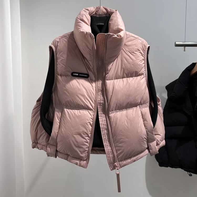 新国标马甲90白鸭绒立领坎肩女2025秋冬新加厚小短款宽松马甲