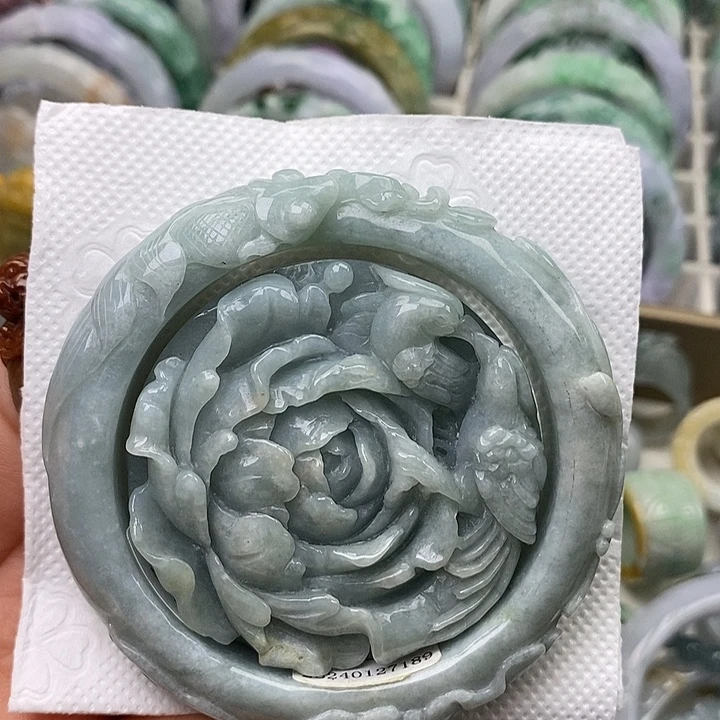 翡翠未镶嵌手镯56.6荷叶鱼套镯