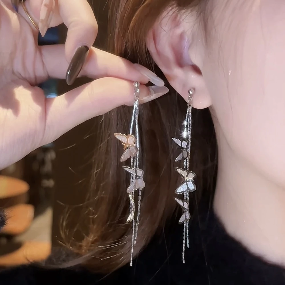 铜合金耳饰 复古法式超仙立体蝴蝶耳环长款流苏耳坠显脸瘦耳饰