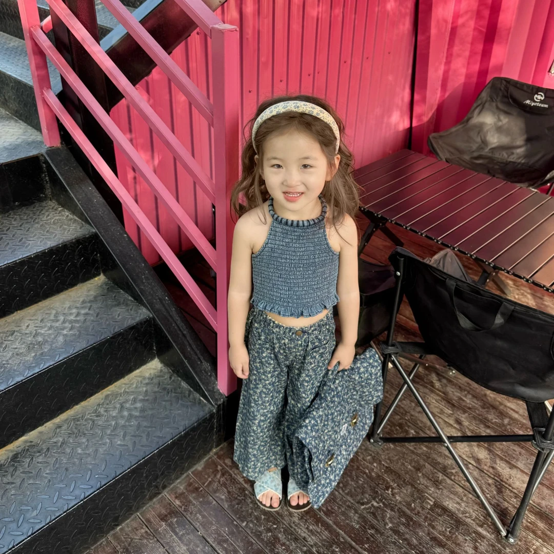 甜小七2025夏季女童时髦韩版辣妹风露背挂脖背心碎花休闲裤套装