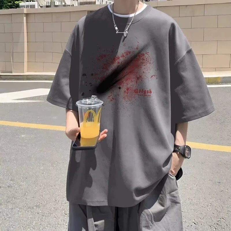 夏季新款重磅短袖印花T恤男生白t恤男装五分袖帅气宽松圆领百搭