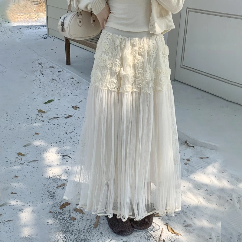 【2025春季新款立体花朵网纱半身裙】高腰显瘦时尚百搭仙女a字伞裙