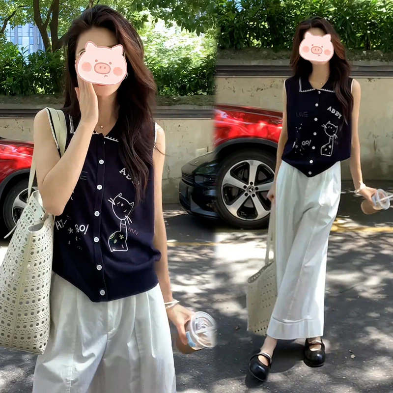 法式复古马甲女士春夏款松弛感宽松显瘦背心+简约阔腿休闲裤套装