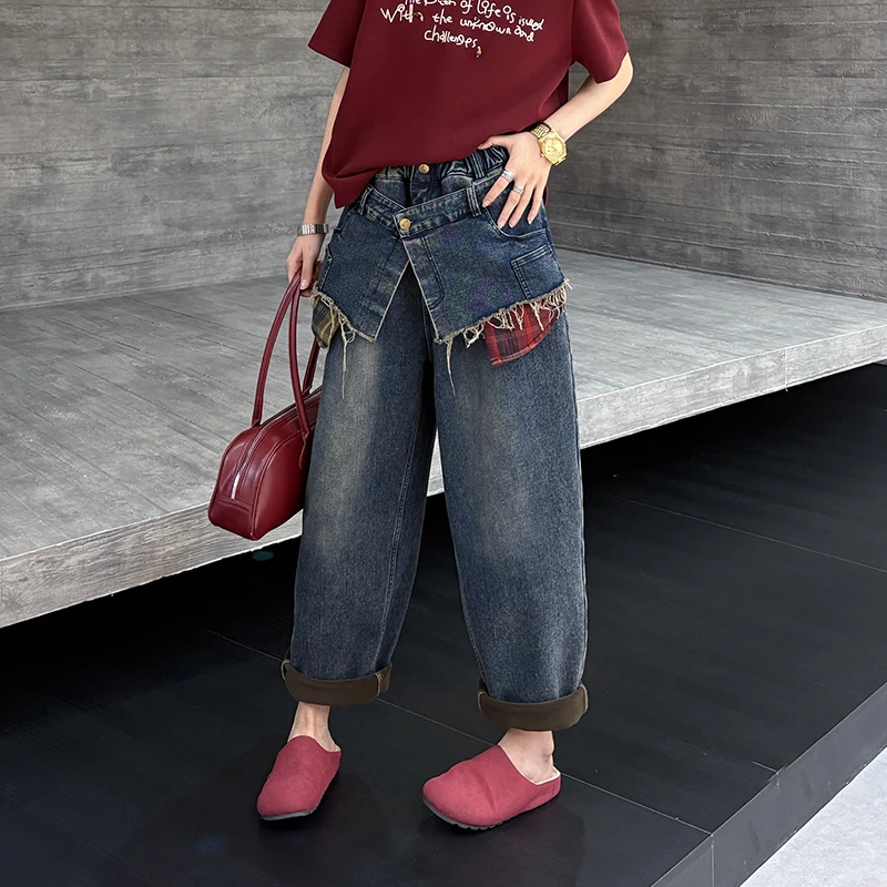 大码女装加绒牛仔裤120斤到260斤胖mm腿粗屁股大显瘦哈伦裤子秋冬